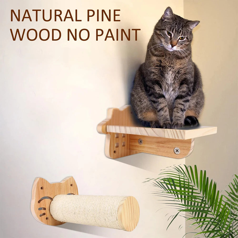 Wall-Mounted Cat Hammock with Scratching Posts & Wooden Shelves – Beds & Perches for Sleeping & Climbing