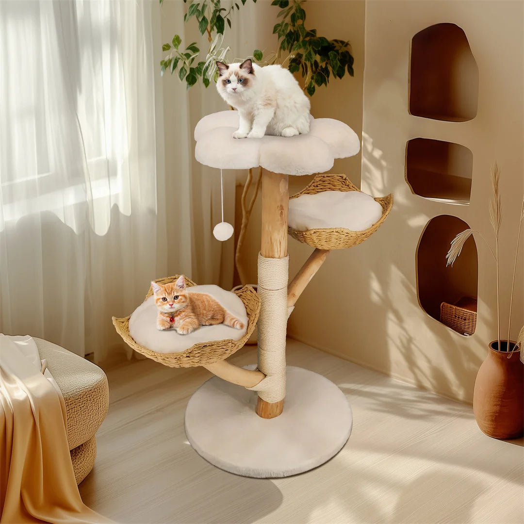 110cm Modern Cat Tree – Solid Wood Activity Center with Scratcher