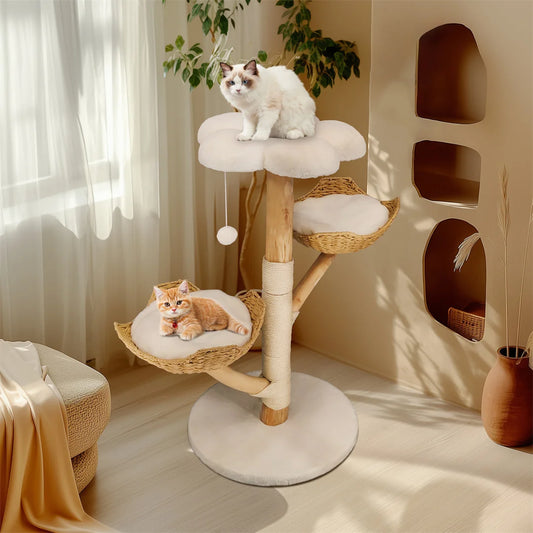 110cm Modern Cat Tree – Solid Wood Activity Center with Scratcher