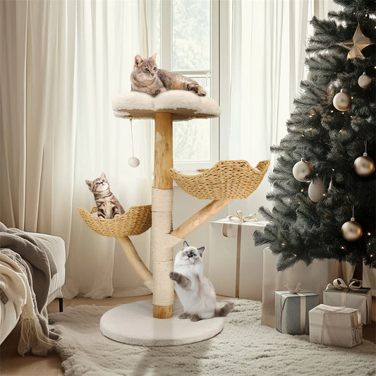 110cm Modern Cat Tree – Solid Wood Activity Center with Scratcher