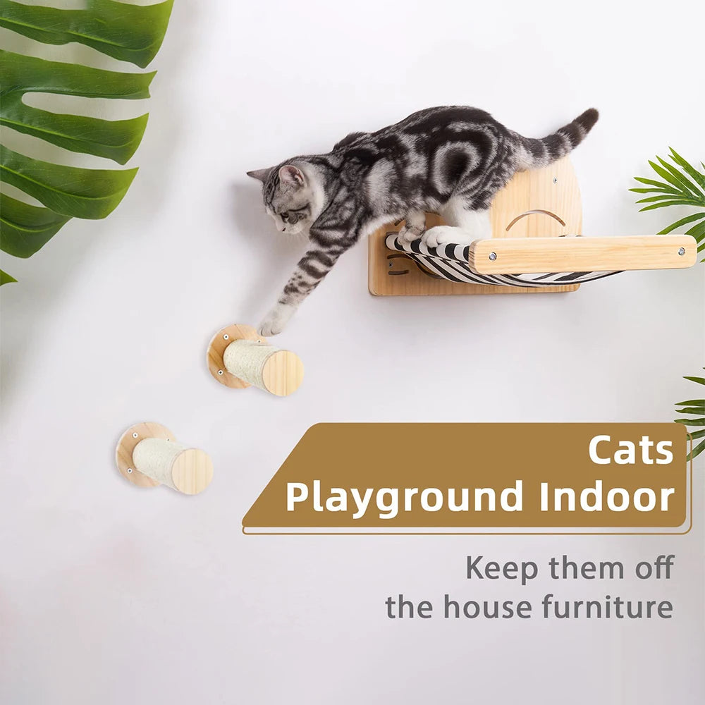 Wall-Mounted Cat Hammock with Scratching Posts & Wooden Shelves – Beds & Perches for Sleeping & Climbing