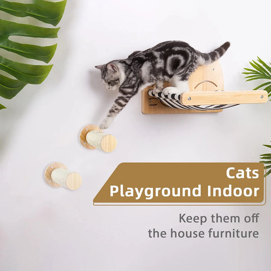 Wall-Mounted Cat Hammock with Scratching Posts & Wooden Shelves – Beds & Perches for Sleeping & Climbing