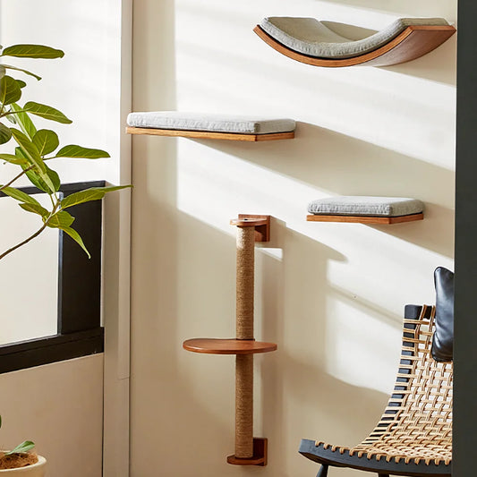Wall-Mounted Cat Tree with Wooden Shelves, Scratching Posts, Hammock, Perches, Steps & Ladder