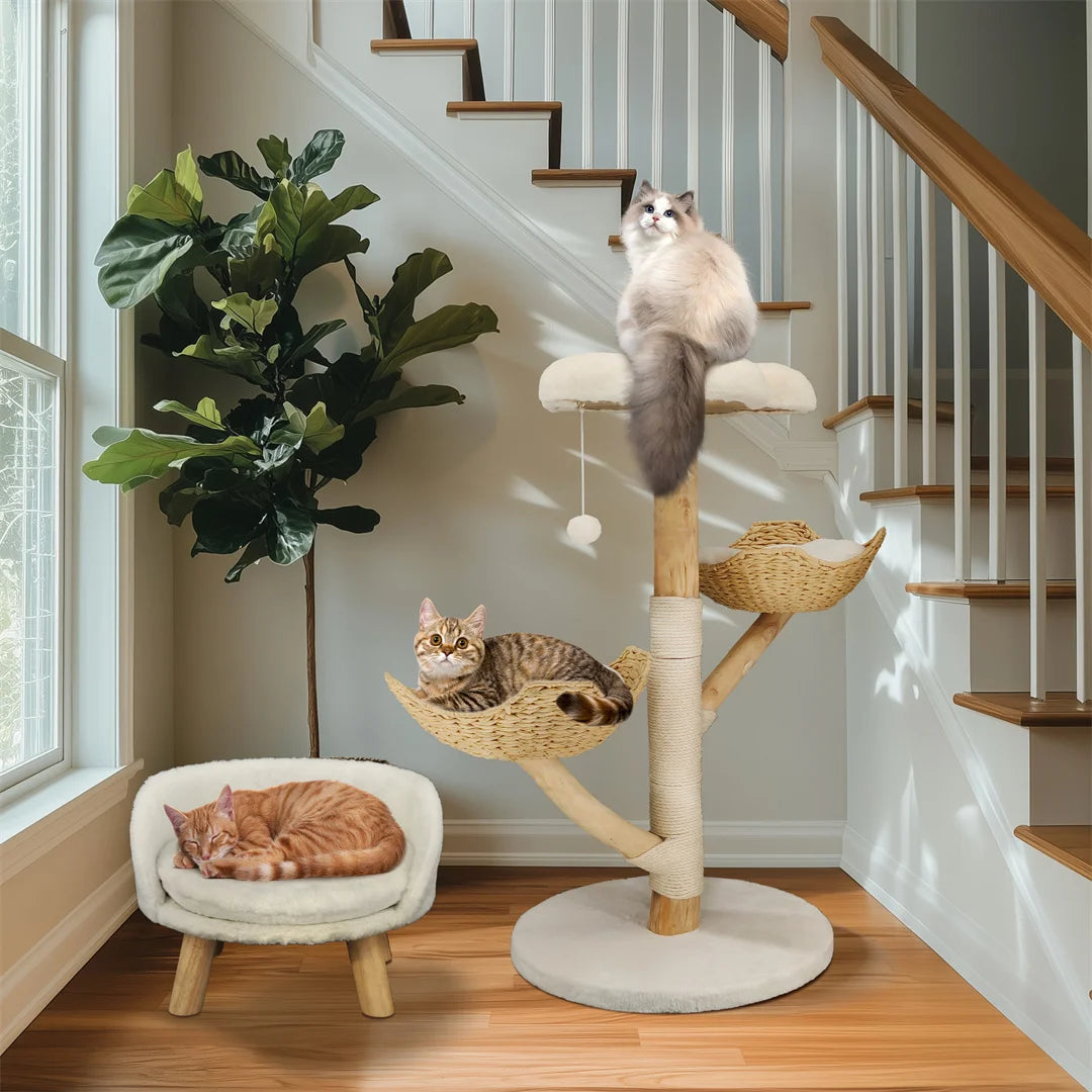 110cm Modern Cat Tree – Solid Wood Activity Center with Scratcher