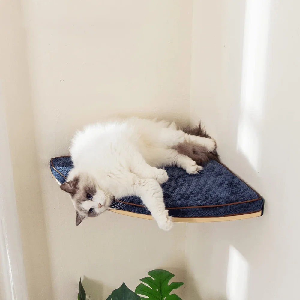 Wall-Mounted Cat Tree with Wooden Shelves, Scratching Posts, Hammock, Perches, Steps & Ladder