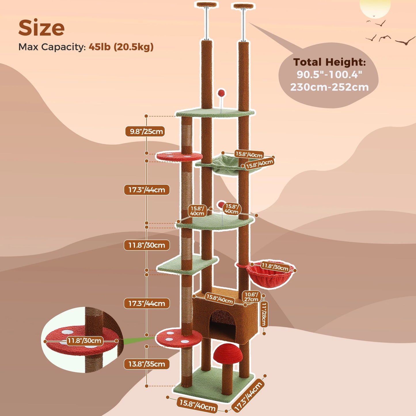 Adjustable Floor-to-Ceiling Cat Tree Tower with Hammock & Scratching Posts
