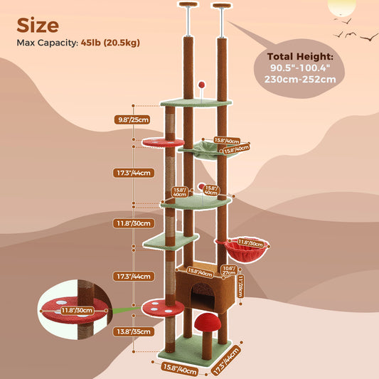 Adjustable Floor-to-Ceiling Cat Tree Tower with Hammock & Scratching Posts