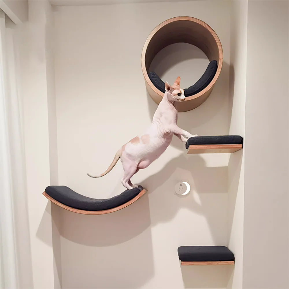 Wall-Mounted Cat Tree with Wooden Shelves, Scratching Posts, Hammock, Perches, Steps & Ladder