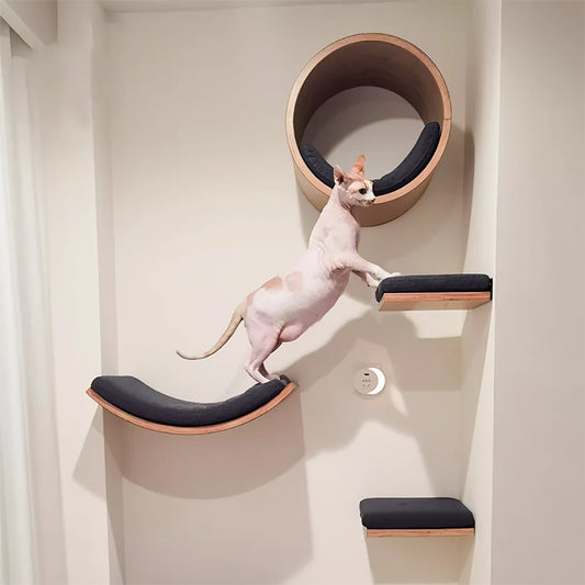 Wall-Mounted Cat Tree with Wooden Shelves, Scratching Posts, Hammock, Perches, Steps & Ladder